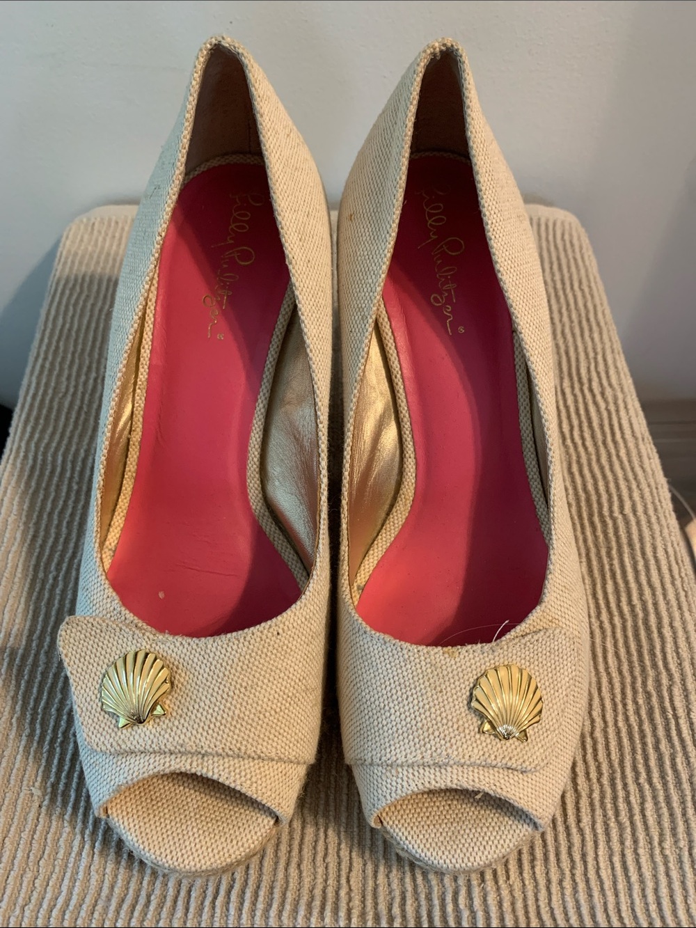 Lilly Pulitzer Resort Shell Canvas Wedge Peep Toe Espadrilles